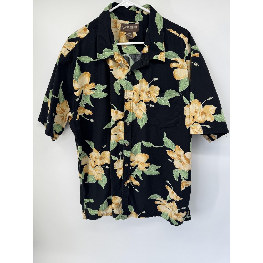 Cooke Street Hawaiian Islands Mens 2XL Black Hibiscus Floral Cotton Aloha Shirt